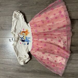 Charming Pink and White Kids Dress with Cartoon Print